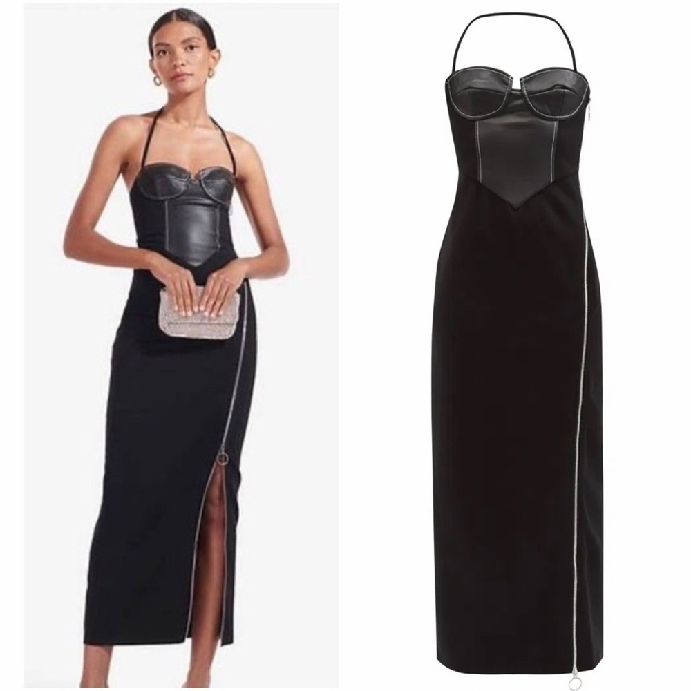 STAUD Hindley Faux Leather Corset Halter Neck Exposed Zipper Black Midi Dress - Picture 4 of 16